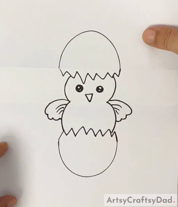 Make a chick in between the egg pieces - Fun Craft: Learn How to Draw a Chick Hatching