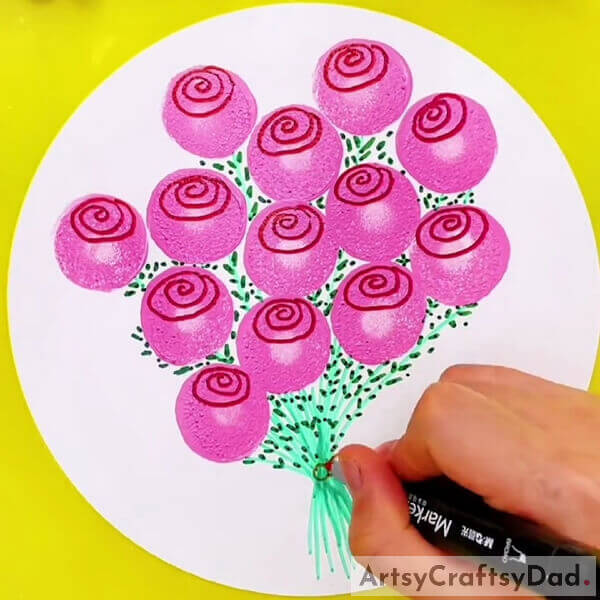 Tie your Bouquet together with a Pretty Ribbon - Creative Tutorial for Painting & Drawing a Round Stamped Rose Bouquet