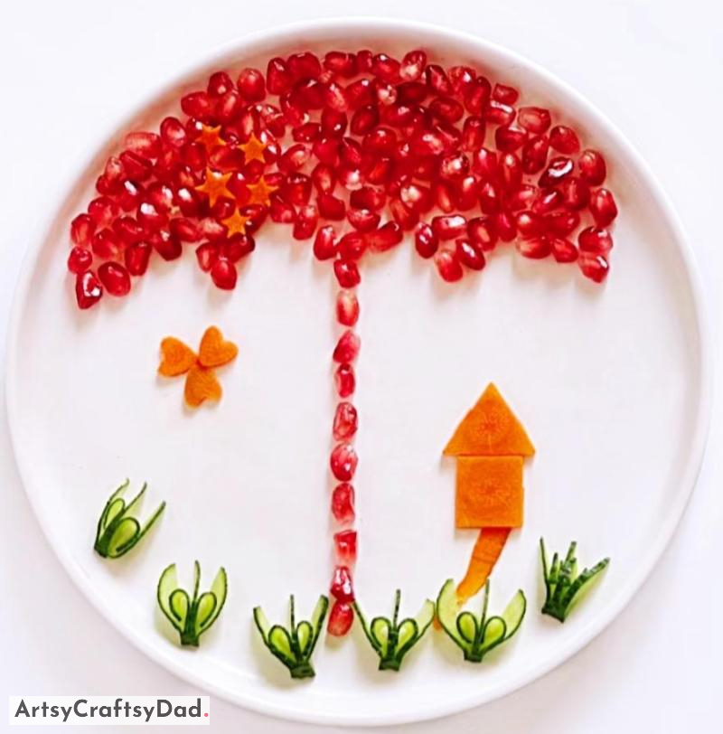 Pomegranate Tree and Carrot House Food Plating Decoration Idea - Presenting Your Cuisine with Nature-Themed Design