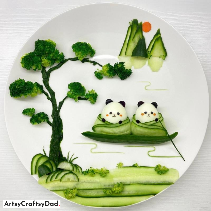 Cucumber Carving Scenery Food Decoration Idea with Broccoli Tree - Displays You Can Create with Nature as the Focus 