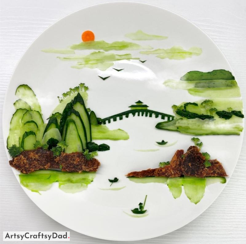 Mountain Scenery Food Decoration Idea Using Cucumber Carving - Creative Plating Decorations with Nature in Mind 