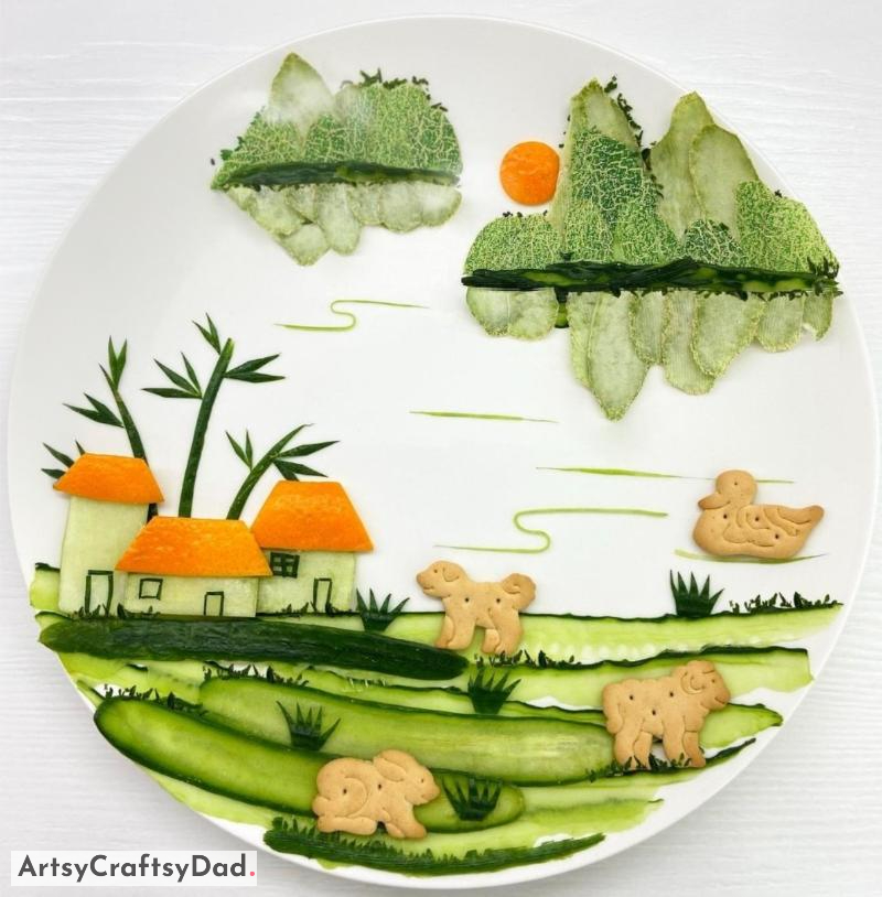 Vegetable Salad Decoration of House and Mountains Using Cucumber Carving - Natural Elements for Decorating Your Meal 