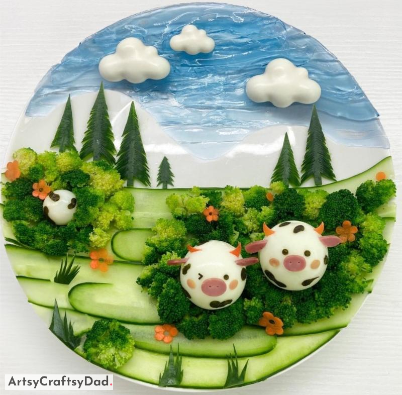 Cucumber Tree, Broccoli Grass, and Egg Cow - Food Decoration Idea - Using Nature to Enhance Your Food Presentation 