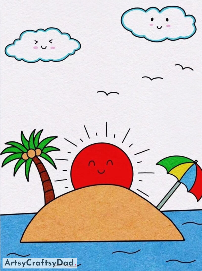 A basic Beach with a Colorful Umbrella and a Palm Tree Drawing Idea - Engaging and Uplifting Drawing Thoughts for Youngsters 