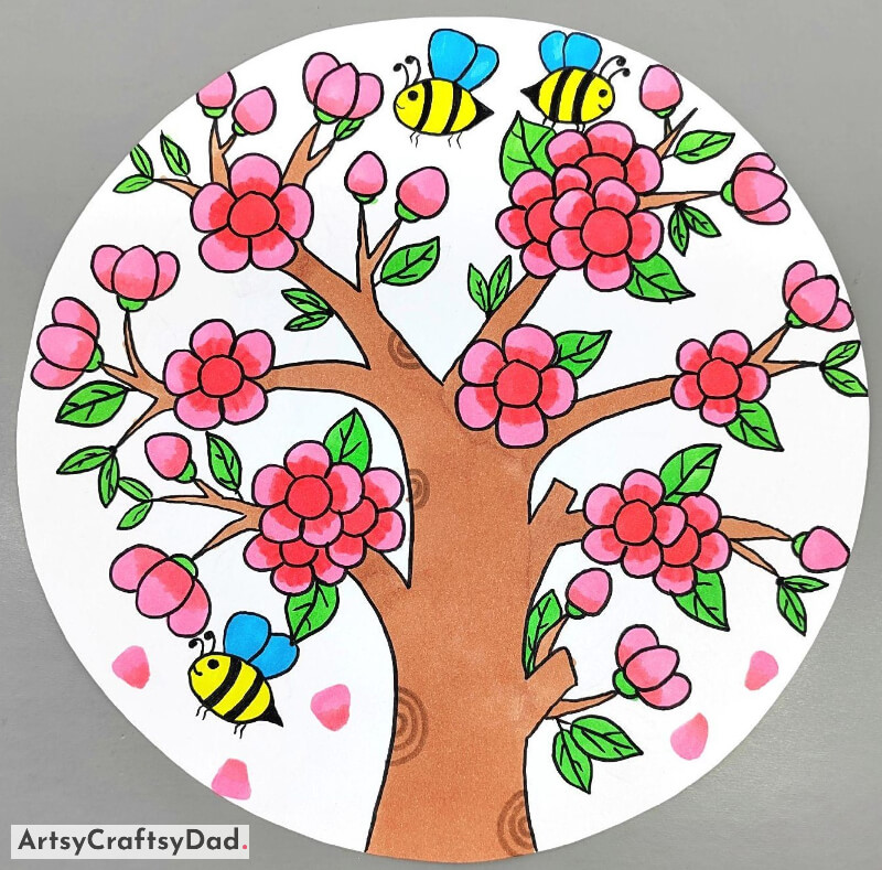 A Drawing of a Tree with some Bees and Cute Flowers - Gorgeous Paintings of Lovely Flowers and Trees