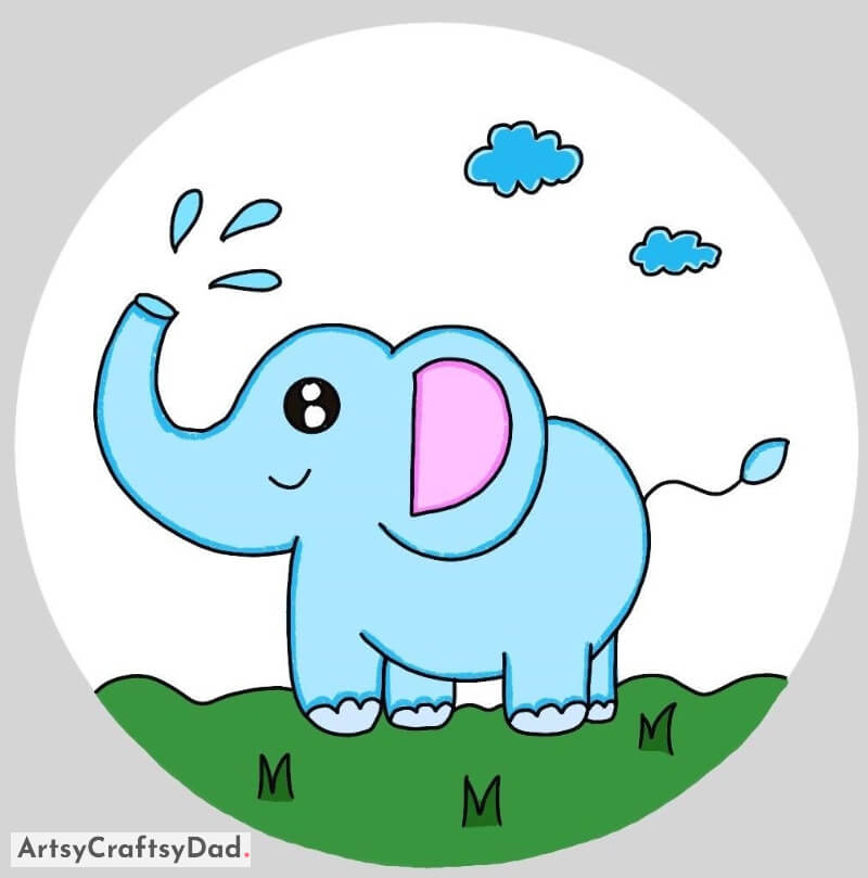 A Joyful Elephant Spraying Water Drawing for Kids - Artistic Animal Illustrations for Children