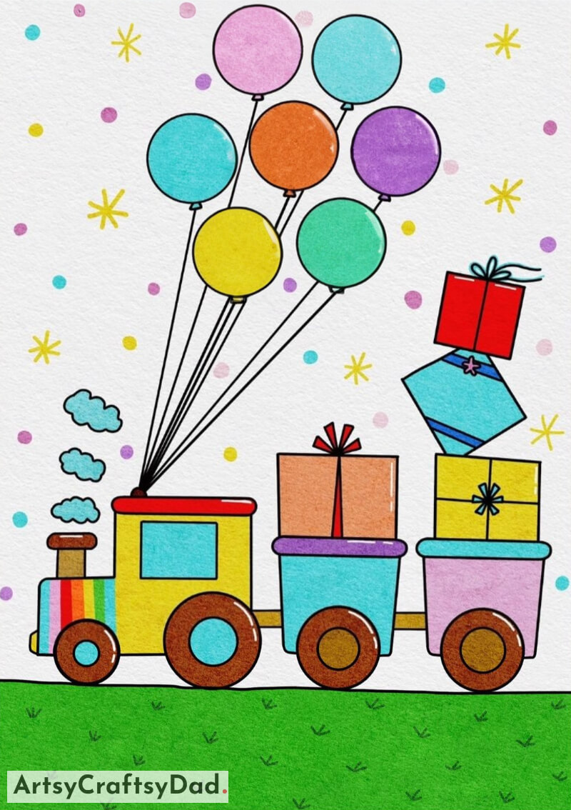 A Simple Train with Multicolored Balloons and Presents Drawing for Kids - Stimulating & Wonderful Concepts for Children to Draw 