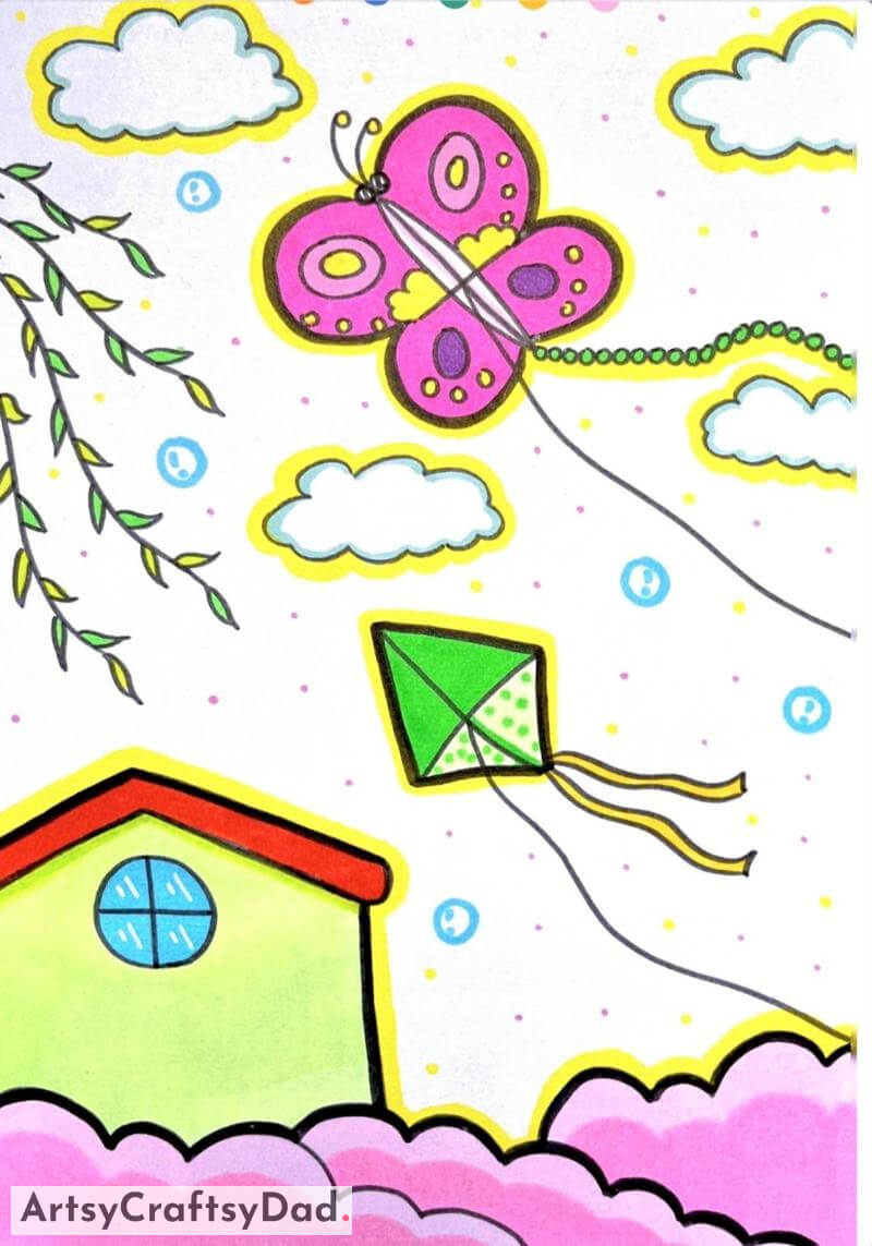 Adorable Butterfly Kite and House Drawing For Kids - Depictions of Houses for the Children