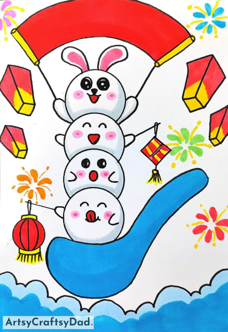 Adorable Little Bunnies Perched on a Spoon Drawing for Younger Ones - Imaginative & Sparkling Drawing Projects for Kids