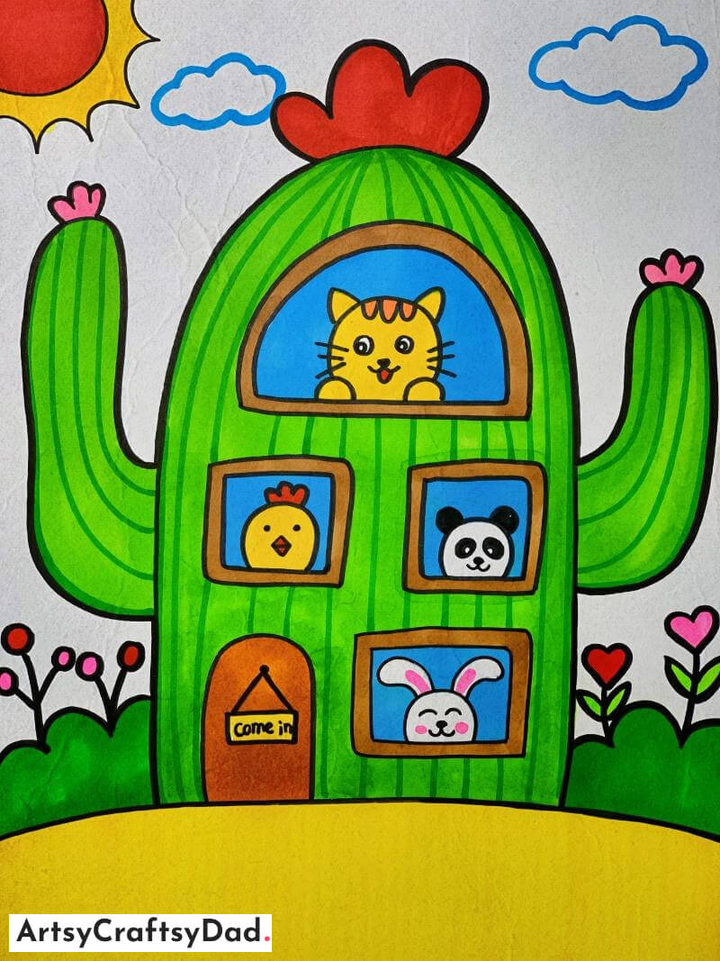 Adorable Pets in Cactus House Drawing Idea - Lovely Animal Home Drawings - Imagination is the Cap!