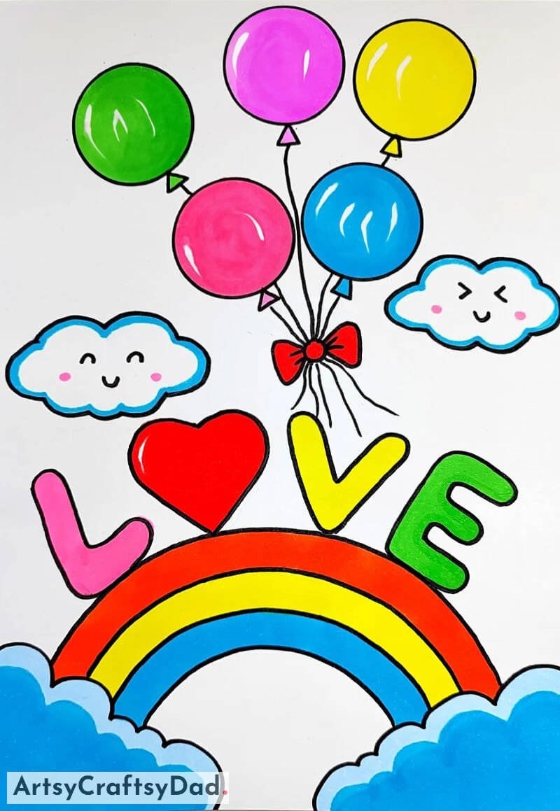 An Amazing Rainbow in the Sky and Colorful Balloons Drawing Idea - Joyful and Exhilarating Drawing Ideas for Tots 