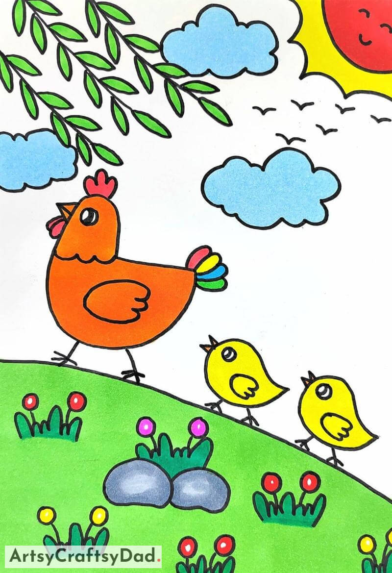 Baby Chicks with Mother Hen Drawing Idea- Drawing Animals for Youngsters 