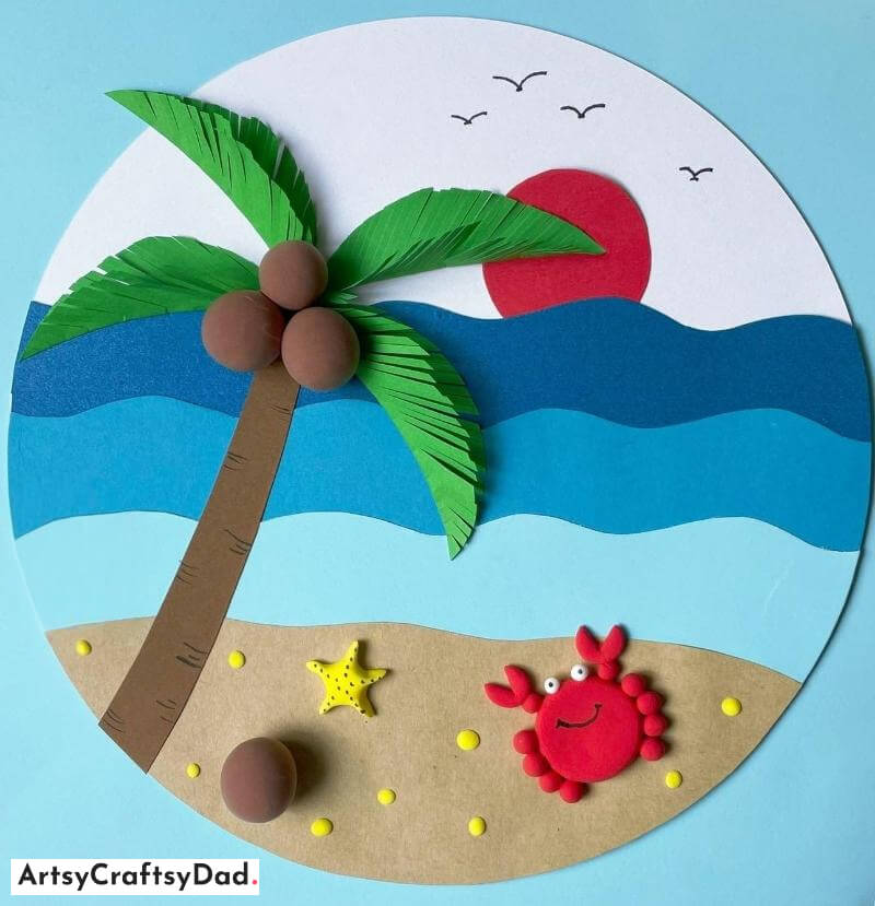 Beach Scenery Art and Craft Idea Using Clay & Paper - Creative activities using round cardboard sheets