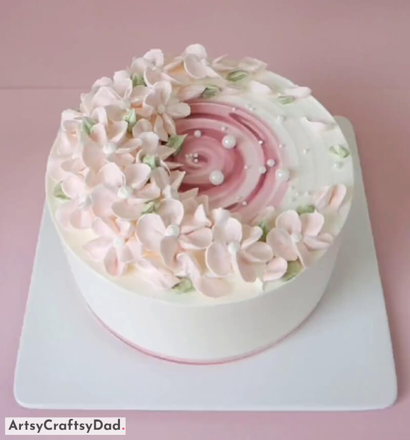 Beautiful Cherry Blossom Floral & White Pearl Cake Decoration - Exploring Cake Design Using White & Pink Cream