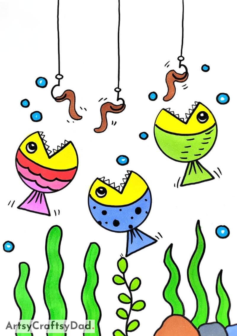 Beautiful Fishes Eating Worms Drawing Idea for Kids- Children's Sketches of Animals 