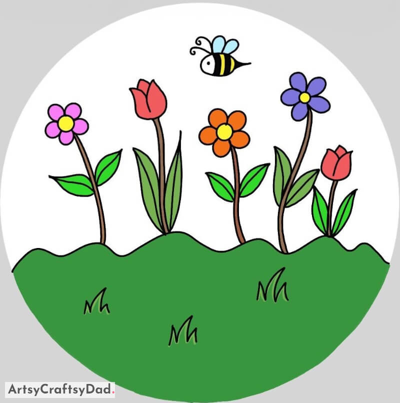 Beautiful Flowers and Bee Drawing - Hueful Sketches for preteens 