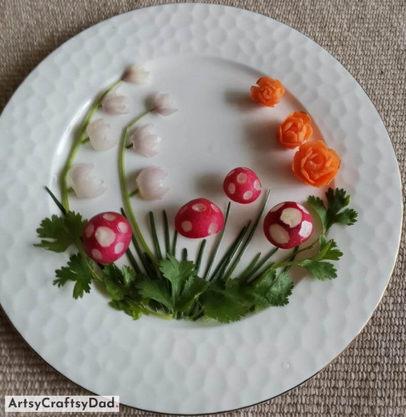 Beautiful Garden View Plate Decoration Using Colorful Vegetables - Luscious Food Displayed on White Platter