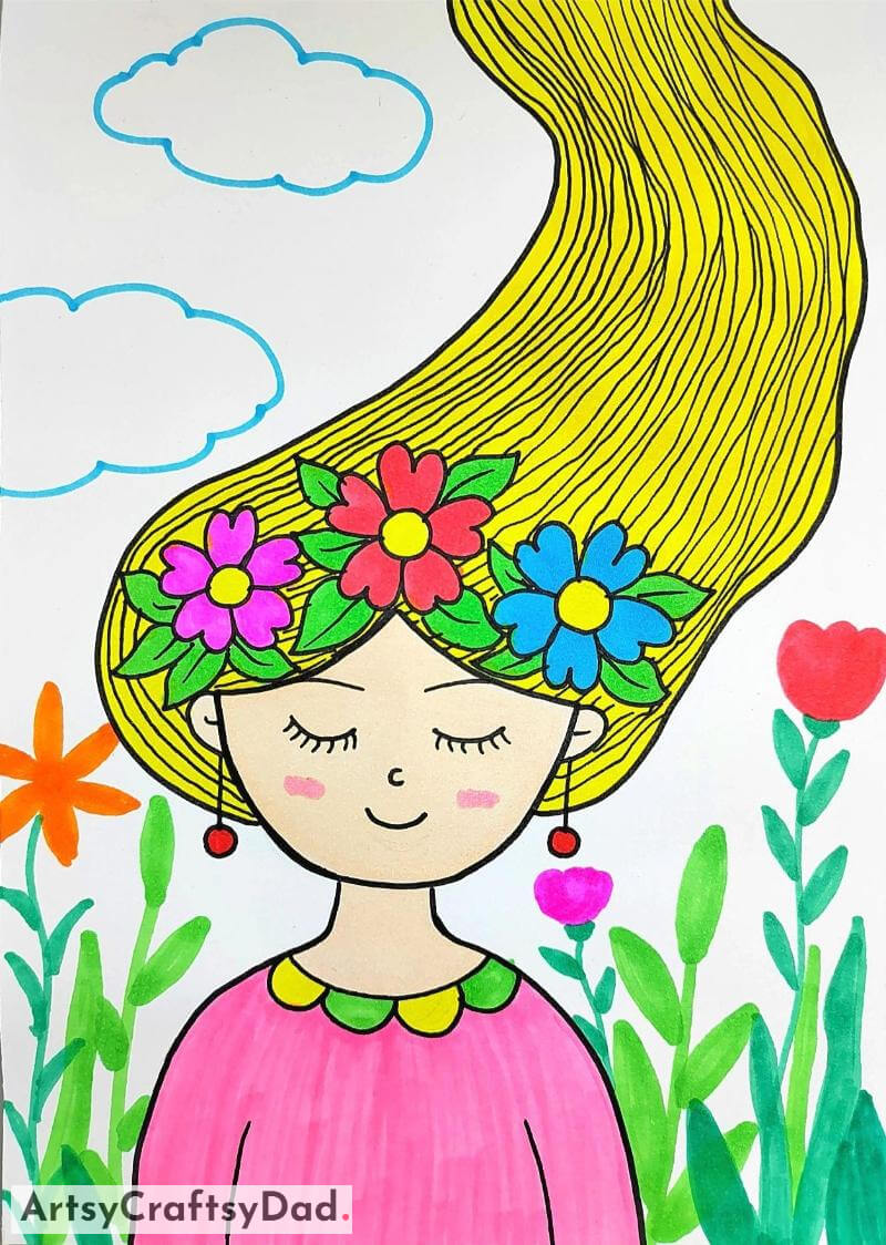 Beautiful Girl with Flowers in Hairs Drawing for Kids- Kids will enjoy these attractive character sketches.