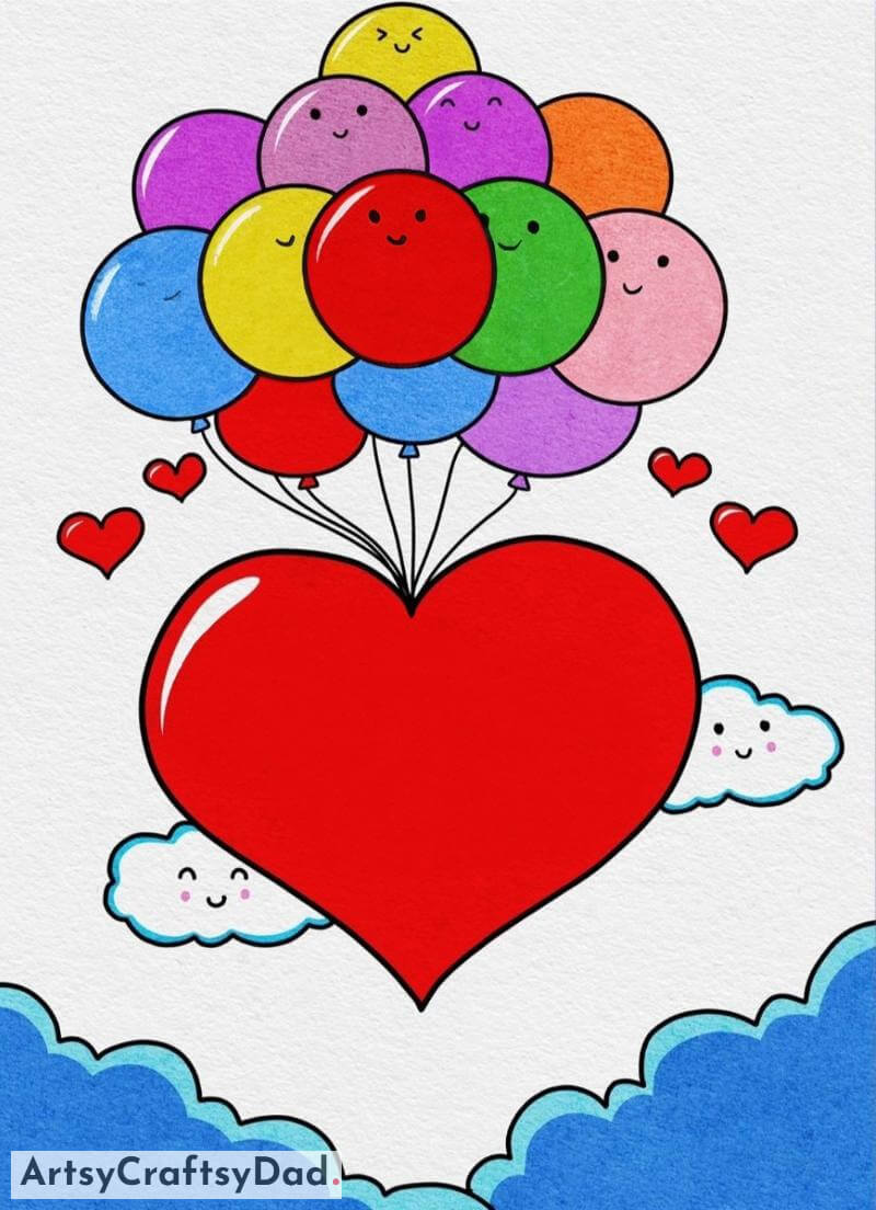 Beautiful Heart Flying with Balloons Drawing Idea- Drawings and Dyeing Ideas for 10-12 Year Olds