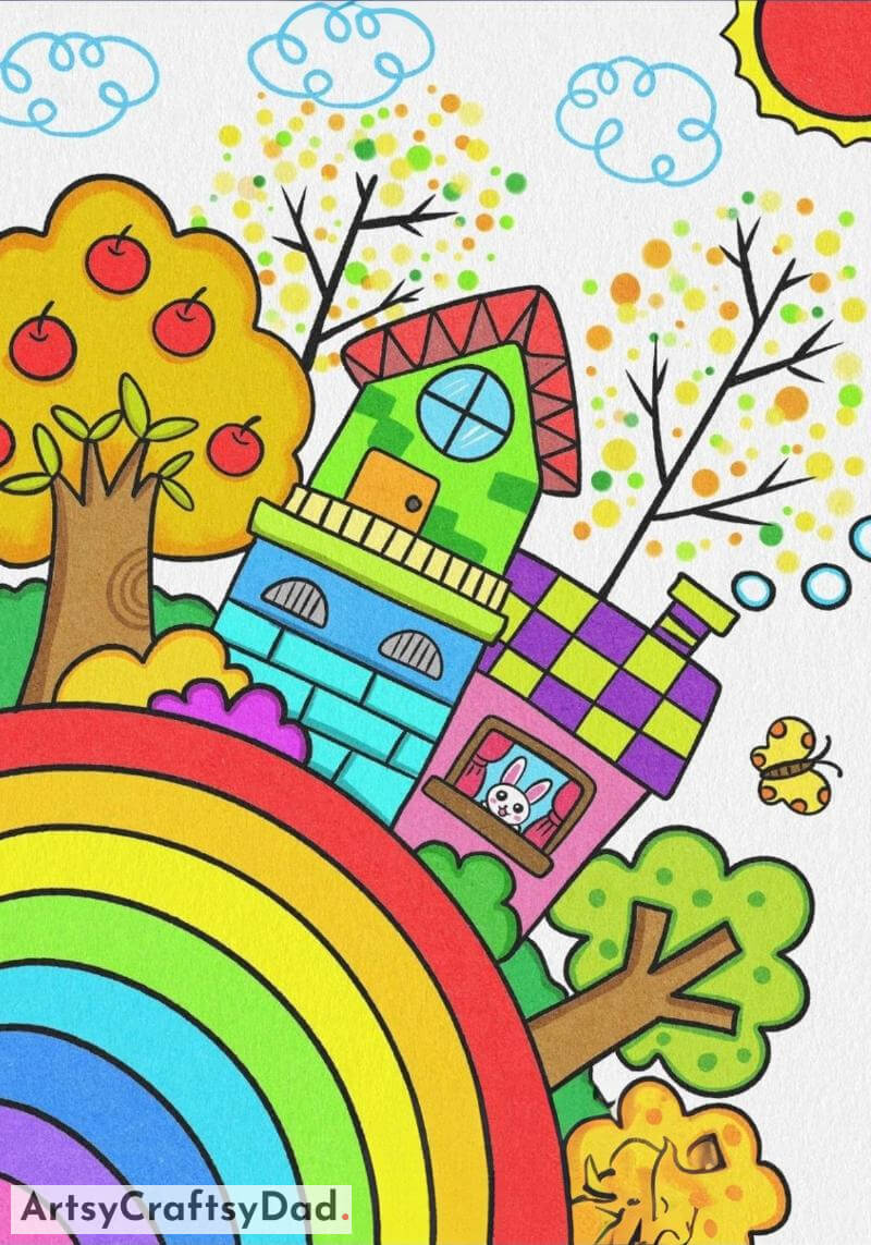 Beautiful House Drawing with Trees, Clouds and Sun- Coloring and art projects for 8-10 year olds