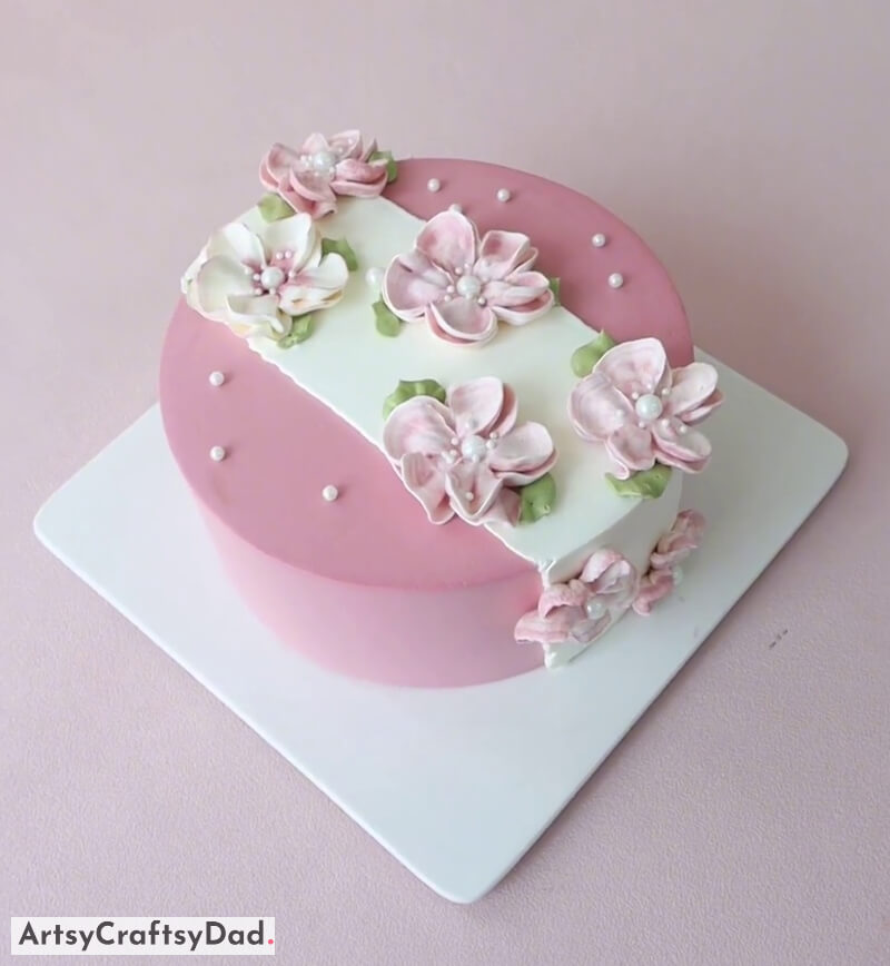 Beautiful Pink & White Flowers Cake Decoration With Pearls - Magnificent Flower Cake Adorned With Pink and White Topping
