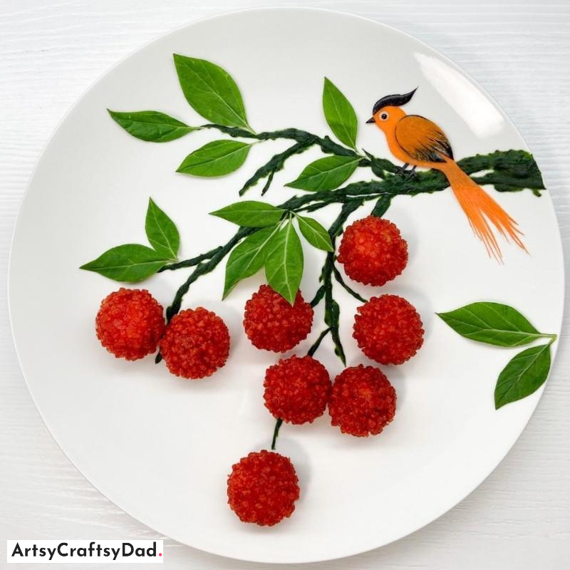 Beautiful Raspberry Branch and Bird Plate Decoration - Lovely Raspberry Bough and Avian Dish Ornament