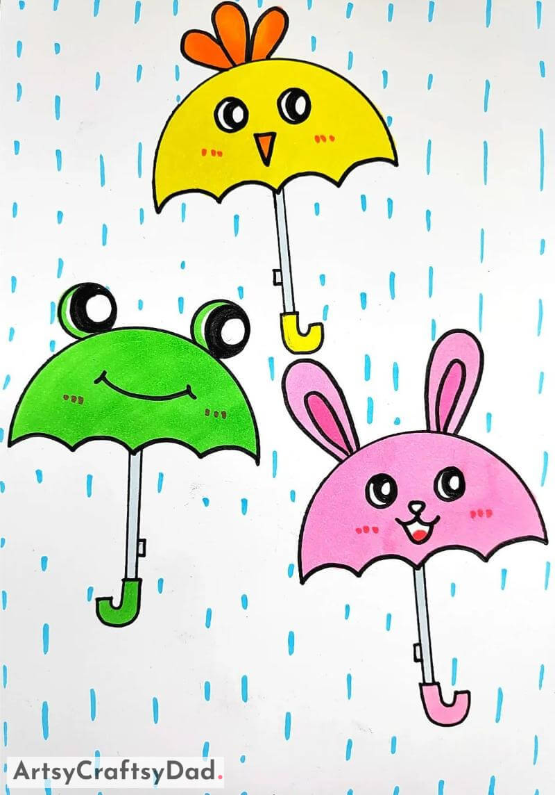 Beautiful Umbrellas in Rain Drawing- Kids will be mesmerized by these gorgeous character renderings. 