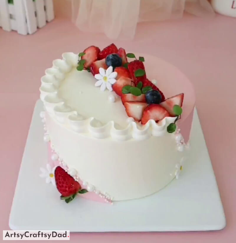 Berries and Pearls Toppings Decoration on Pink and White Cake - Yummy & Satisfying Strawberry Toppings for Cake Adornment
