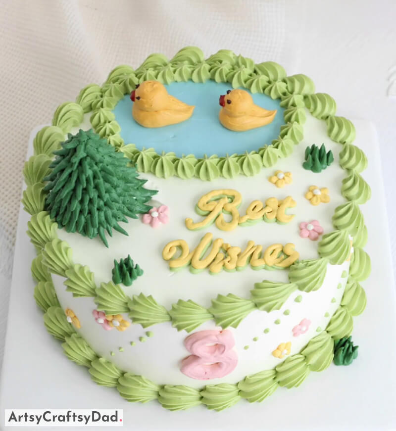 Best Wishes Cake Decoration Idea With Ducks and Trees - Decorating a Cake for a Birthday Easily