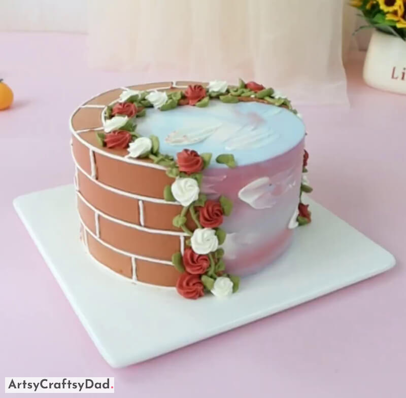 Brick Wall with Flowers - Pink and Blue Ombre Cake Decoration - Innovative Cake Baking & Embellishment Concepts 