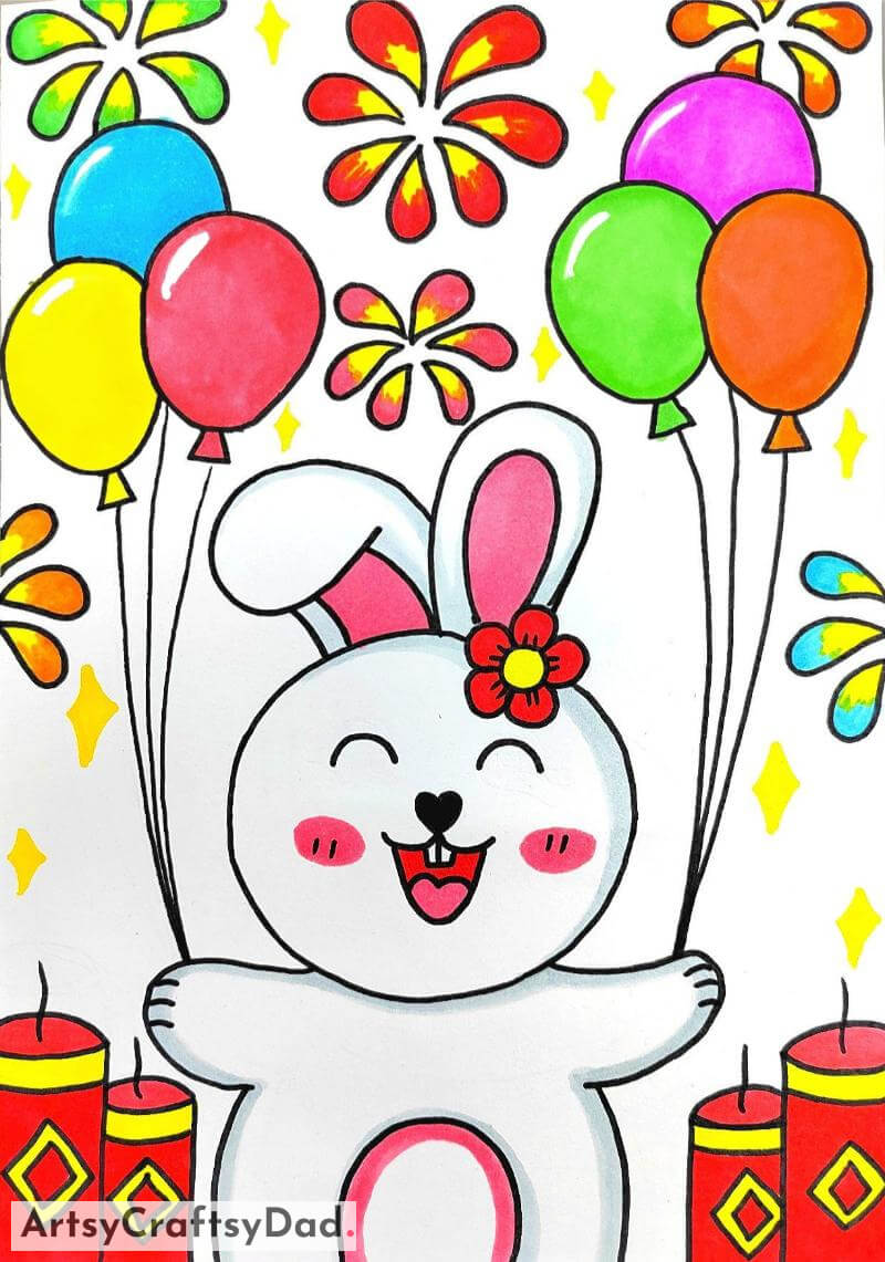 Bunny with Colorful Balloons Drawing for Kids above 10- Representations of Animals for Youngsters 