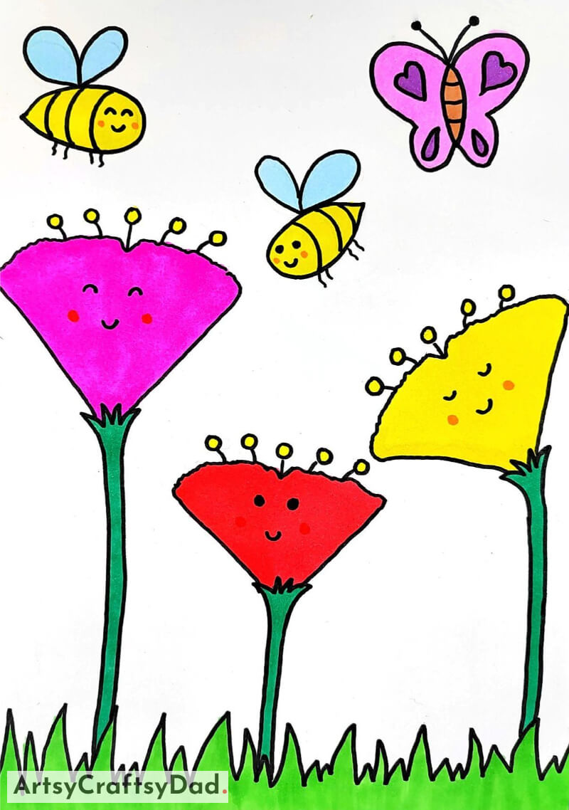 Butterflies and Bees Buzzing above the Vibrant Flowers Drawing Idea for Kids - Innovative & Vigorous Drawing Plans for the Young