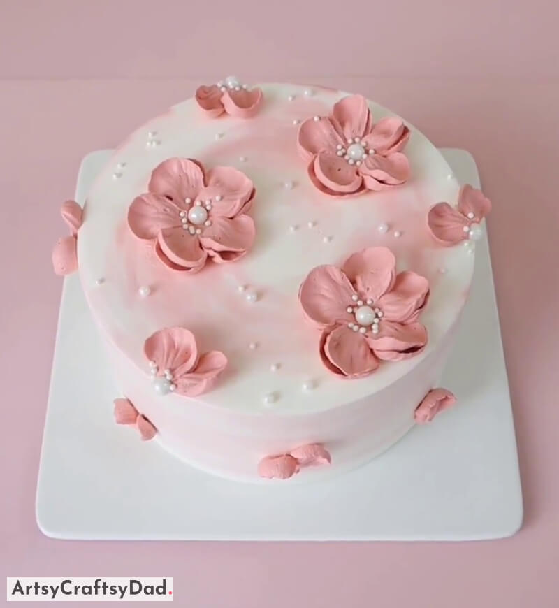 Camellia Flowers Cake Design Idea With White Pearls - Magnificent Flower Cake Decorated With Pink and White Cream