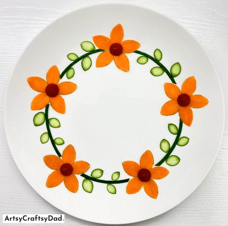 Carrot Flower and Cucumber Branch Plate Decoration - Making an Edible, Circular Plate Decoration with Fruits and Vegetables!