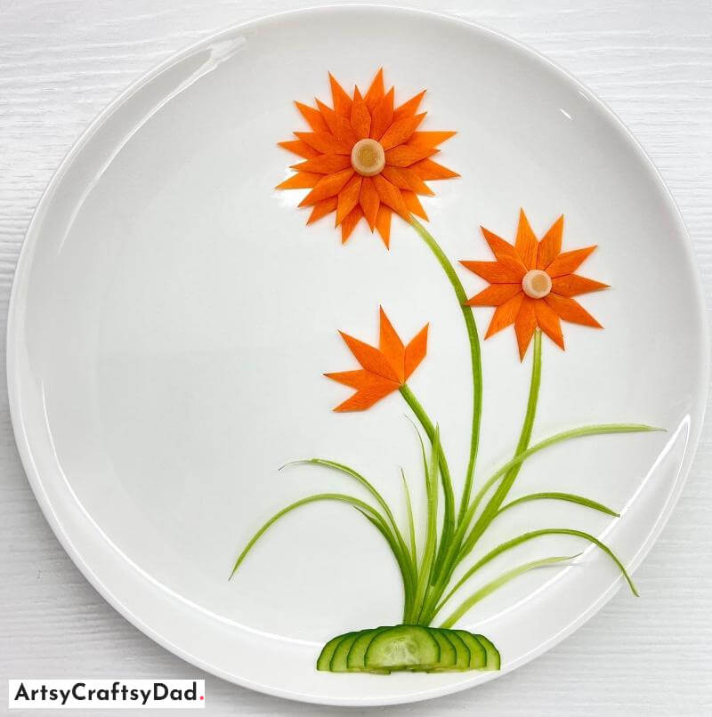 Carrot Flower Food Decoration in Diamond Shape Cutting - Inventive Ways to Adorn Half-Moon Patterns on Round Dishes