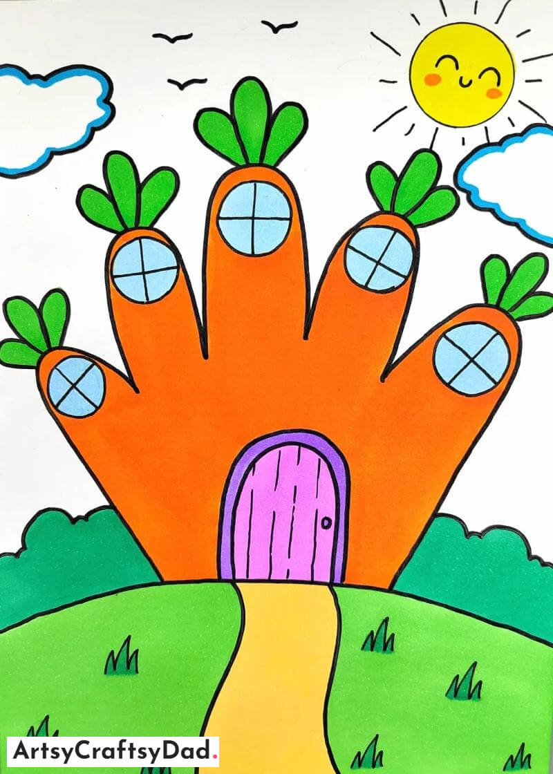 Carrot Hand House Drawing for Kids - Cuddly Animal Home Artworks - Imagination is the Maximum!
