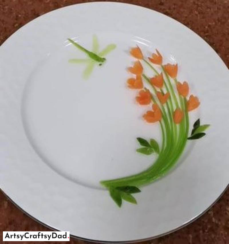 Carrot Lily Flower and Cucumber Dragonfly Plate Decoration - Yummy Meal Decoration on White Platter