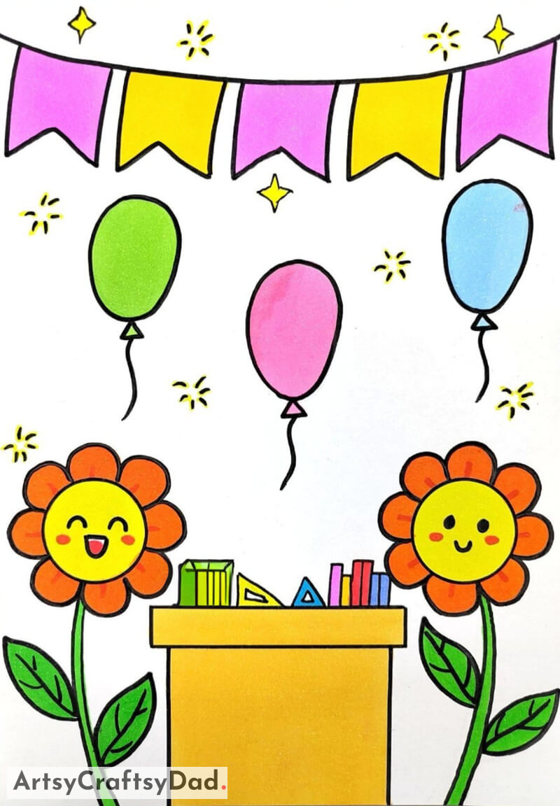 Charming Sun Flower and Colorful Balloons Drawing for Kids - Exploring Imagination with Artistic Drawing for Kids 