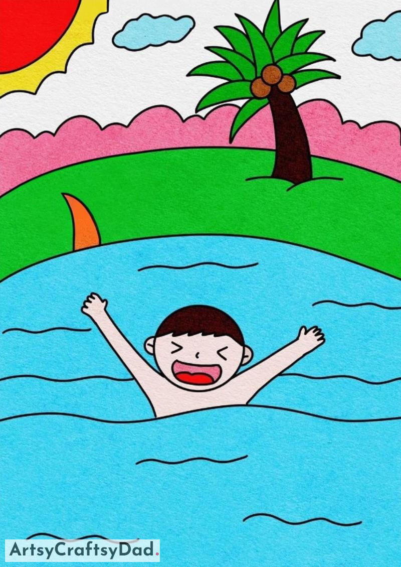 Child Swimming on Island Drawing Idea- Children are sure to be intrigued by these lovely character drawings. 