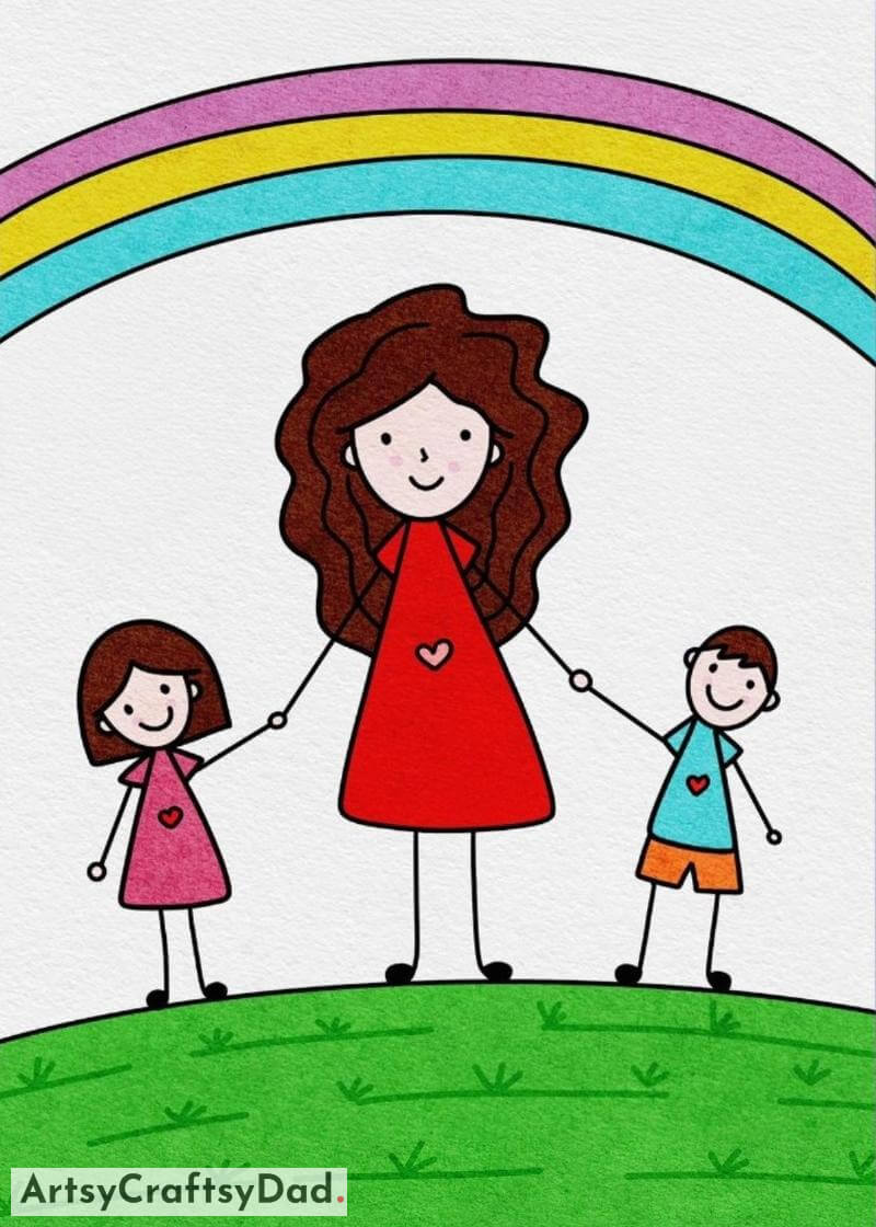 Children with Mother under Rainbow Drawing Idea- Children are sure to be intrigued by these lovely character drawings.