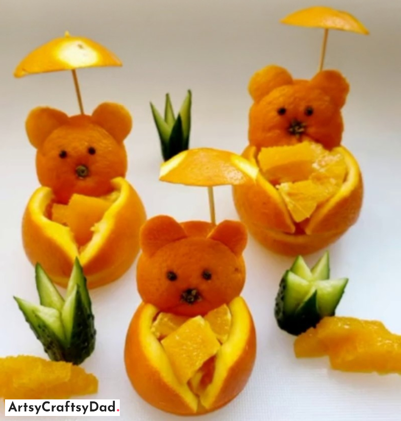 Chilling Bears Food Plate Decoration Using Orange Peel - Magnificent Fruit Carving Tray Embellishment Thought