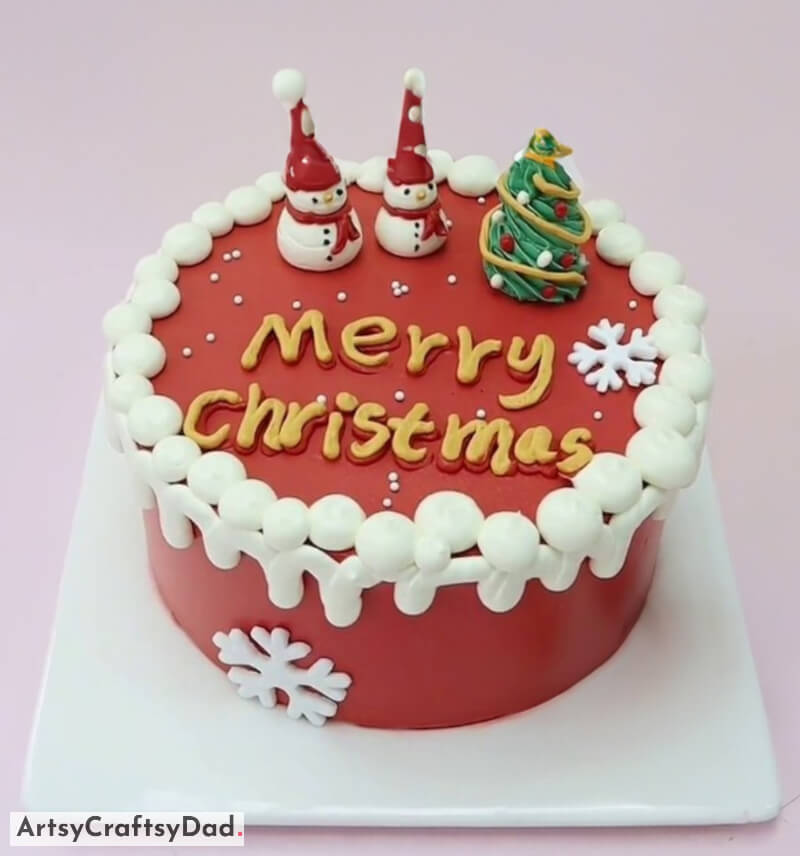 Christmas Tree and Snowman Topper Theme Cake Decoration Idea - Christmas Cake Design Featuring a Tree and Snowman Topper