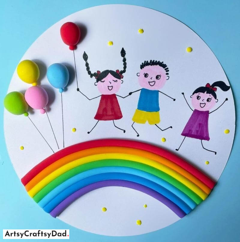 Colorful Balloons and rainbow Clay Craft With Playing Kids - Crafting with round cardboard circles