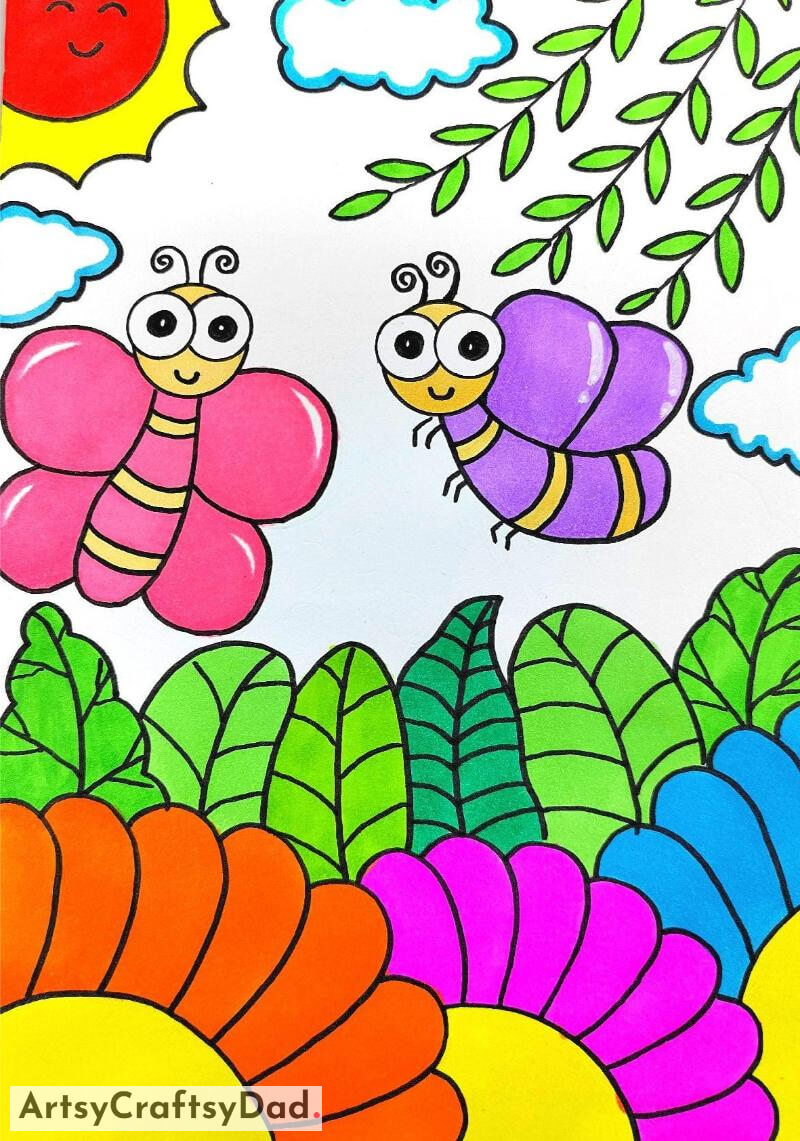 Colorful Butterflies in Flowers Garden Drawing - Fun Artistic Projects for Little Ones 