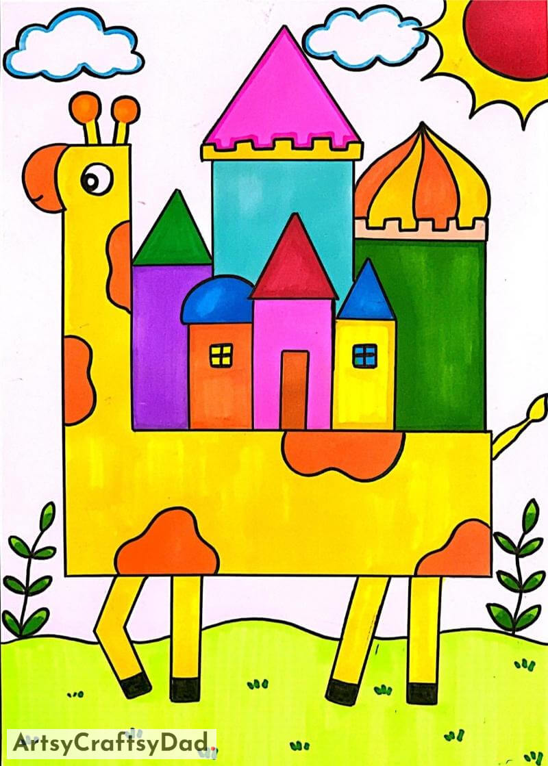 Colorful Castle on Giraffe Back Drawing - Illustrations of Homes for Kids 