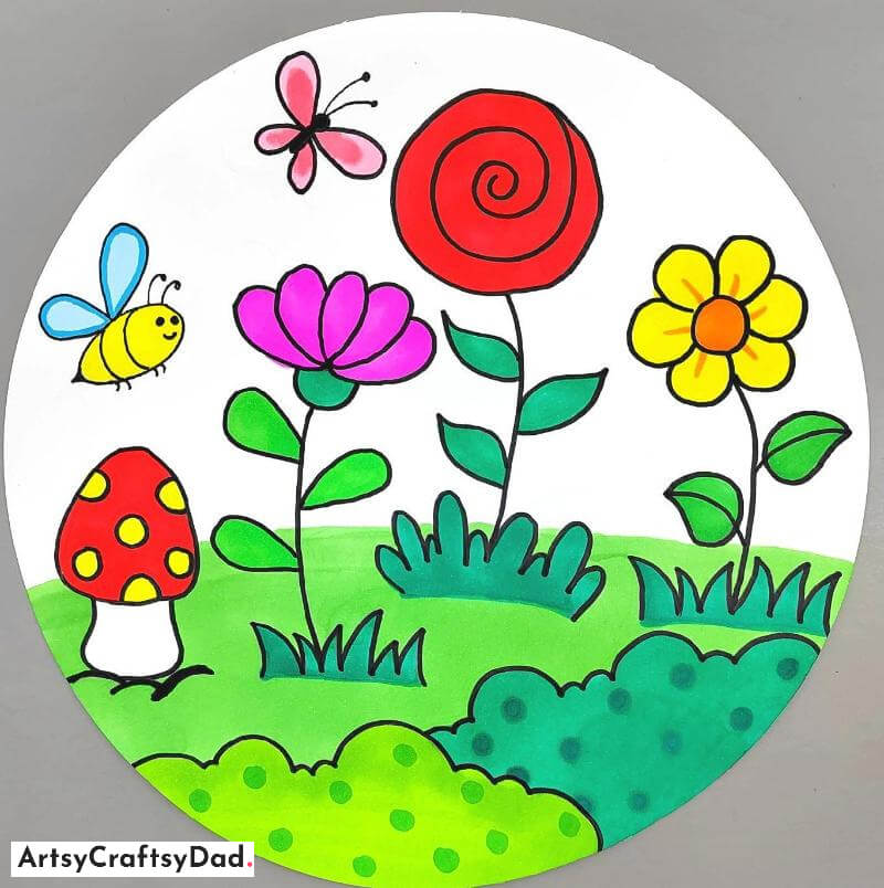 Colorful Flowers and Bee Drawing Art Idea - Utilizing round cardboard sheets for art and craft projects