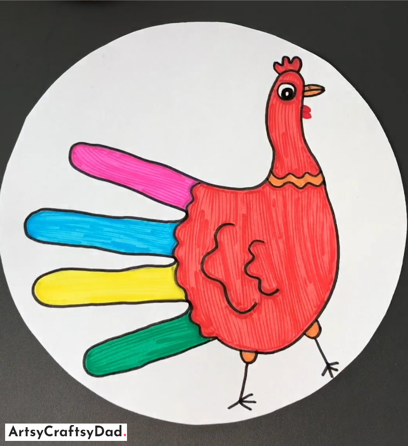 Colorful Handprint Hen Animal Drawing Idea Bright Handprint Chicken Design Concept