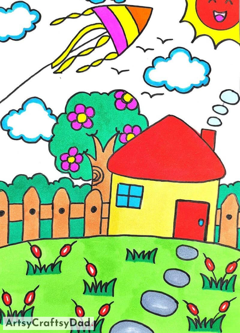 Colorful House and Kite Drawing - Amusing Art Projects for Youngsters