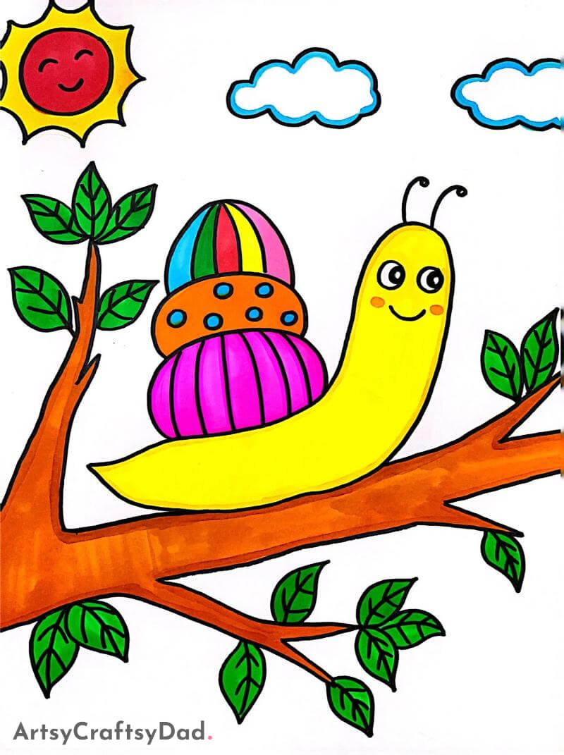 Colorful Snail on Tree Drawing Idea- Representations of Animals for Youngsters 