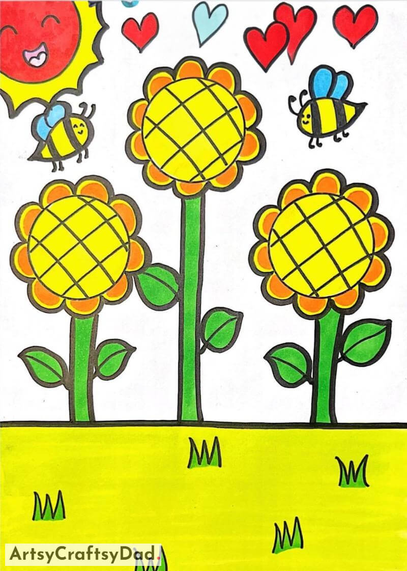 Colorful Sunflower and Bee Drawing Idea- Kids will enjoy these attractive character sketches. 